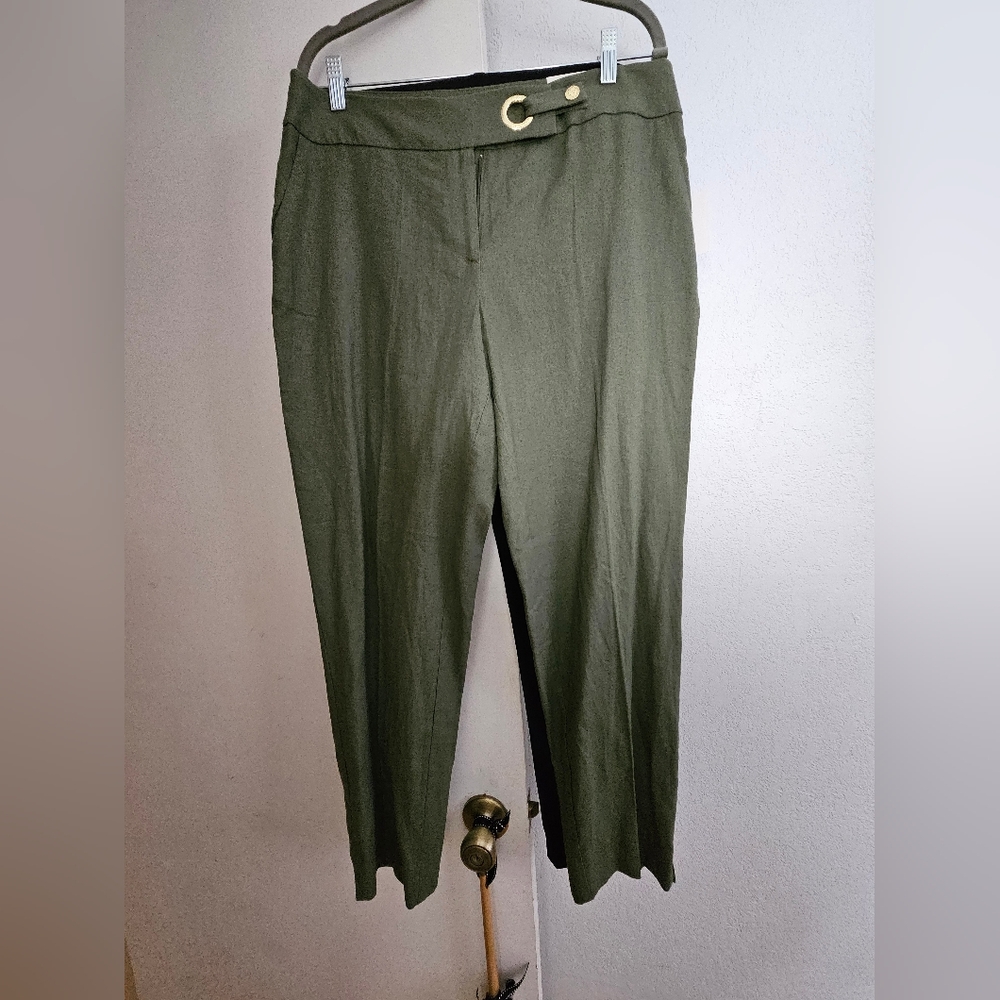 Anne Klein Sage (Olive) Green Linen Slim Cut Ankle Pants